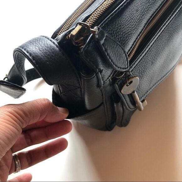Vintage Fossil 1954 Black Leather Crossbody Organizer Bag 75082 Moto Biker Style - Picture 9 of 15